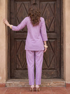 Zummer Women’s Lavender Embroidered Co-Ord Set with Shirt Collar Tunic & Trousers