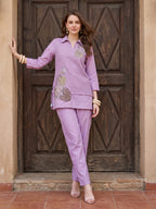 Zummer Women’s Lavender Embroidered Co-Ord Set with Shirt Collar Tunic & Trousers