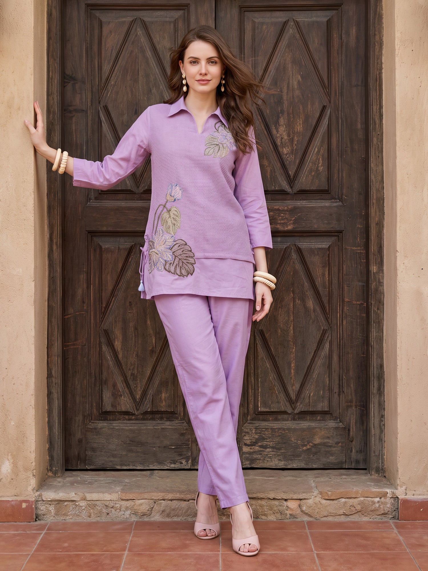 Zummer Women’s Lavender Embroidered Co-Ord Set with Shirt Collar Tunic & Trousers