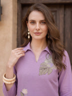 Zummer Women’s Lavender Embroidered Co-Ord Set with Shirt Collar Tunic & Trousers