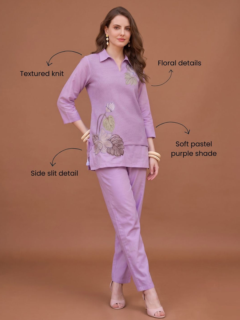 Zummer Women’s Lavender Embroidered Co-Ord Set with Shirt Collar Tunic & Trousers