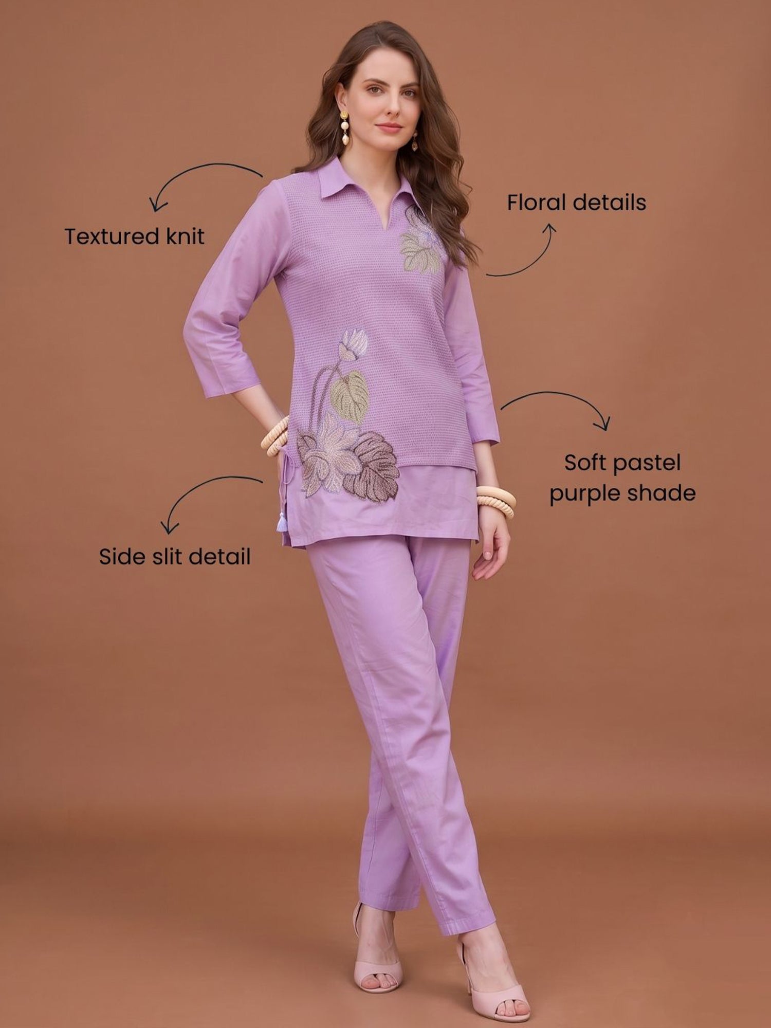 Zummer Women’s Lavender Embroidered Co-Ord Set with Shirt Collar Tunic & Trousers