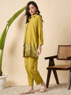 Zummer Mustard Cotton Animal Embroidered Tunic & Trouser Co-Ord Set