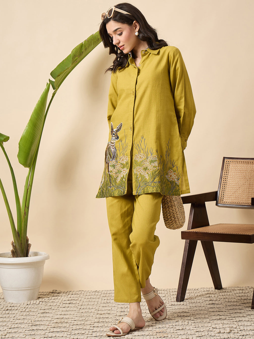 Zummer Mustard Cotton Animal Embroidered Tunic & Trouser Co-Ord Set