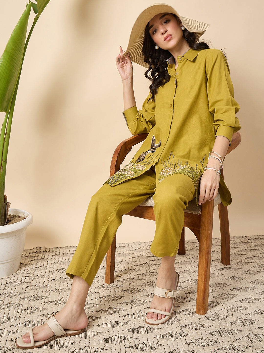 Zummer Mustard Cotton Animal Embroidered Tunic & Trouser Co-Ord Set