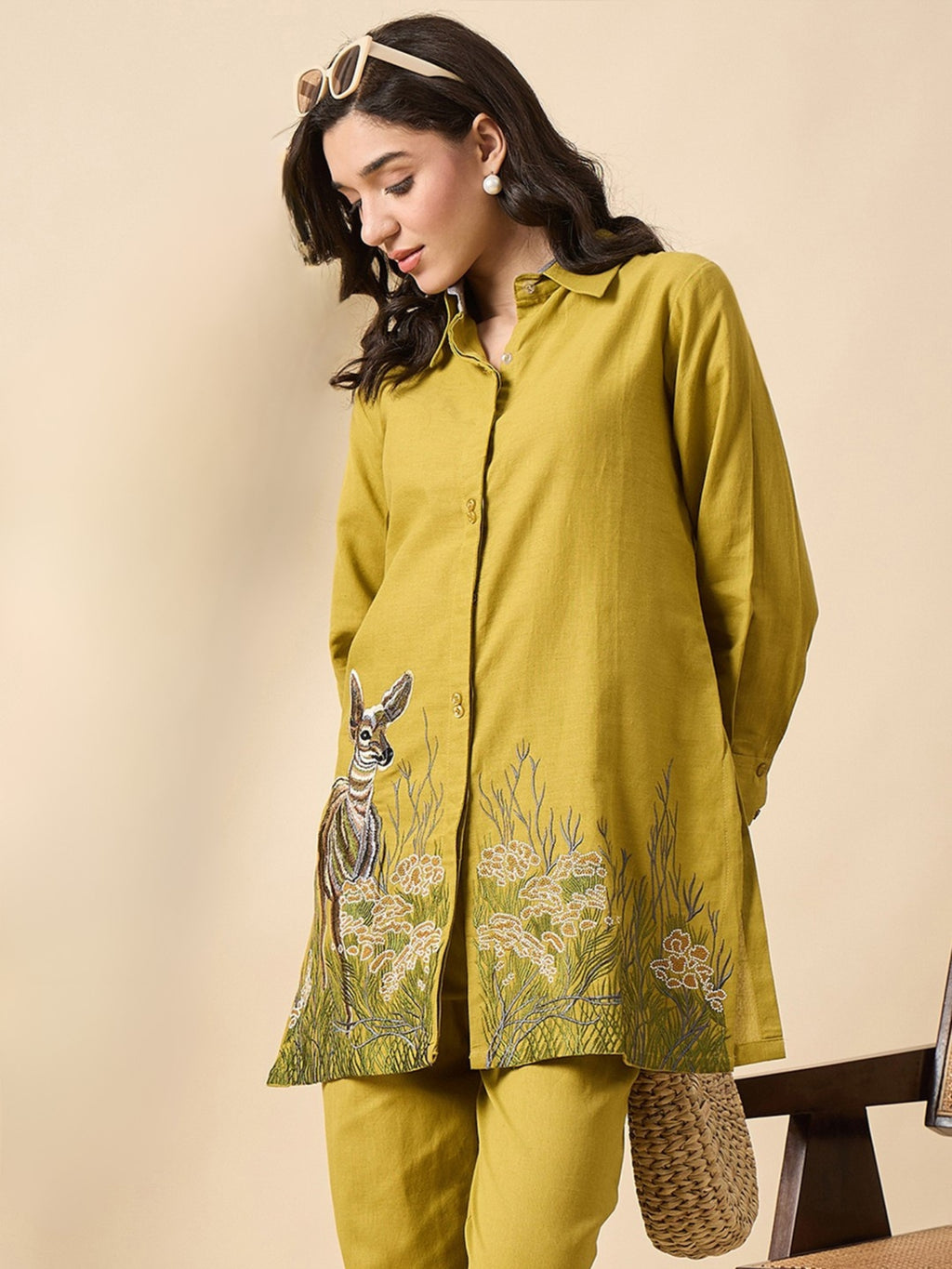 Zummer Mustard Cotton Animal Embroidered Tunic & Trouser Co-Ord Set