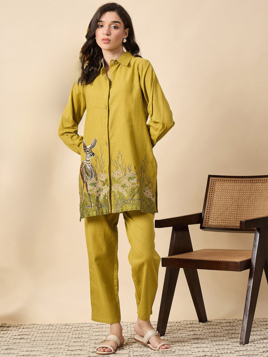 Zummer Mustard Cotton Animal Embroidered Tunic & Trouser Co-Ord Set