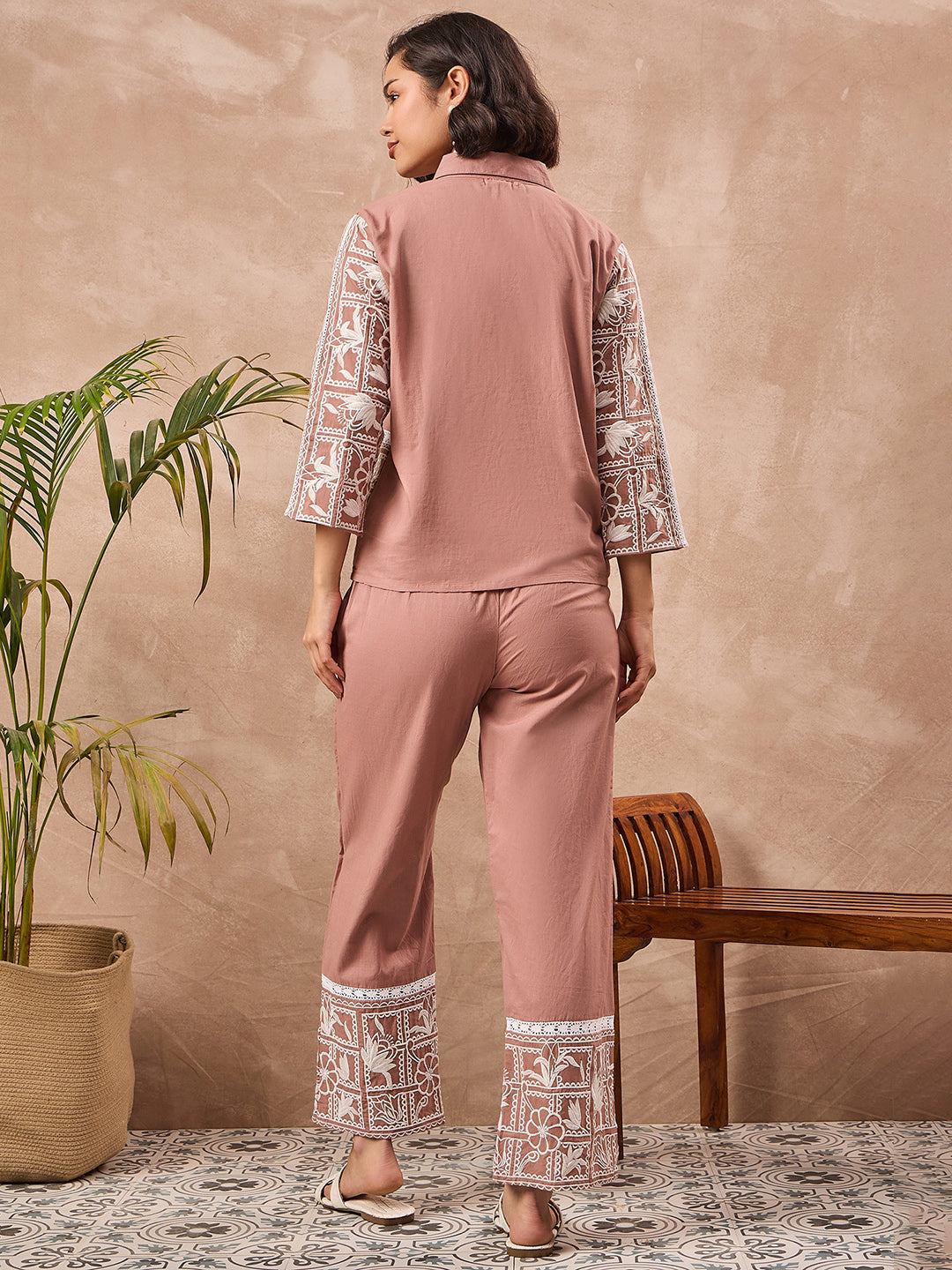 Floral Embroidered Shirt With Trouser Co-Ords Set