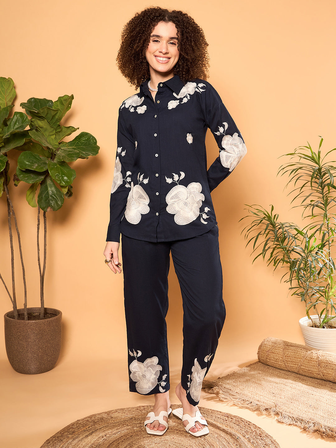 Navy Blue Cotton Embroidered Shirt With Trouser Co-Ords Set
