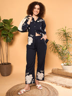 Navy Blue Cotton Embroidered Shirt With Trouser Co-Ords Set