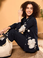 Navy Blue Cotton Embroidered Shirt With Trouser Co-Ords Set