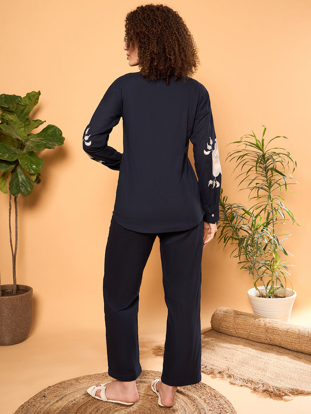 Navy Blue Cotton Embroidered Shirt With Trouser Co-Ords Set