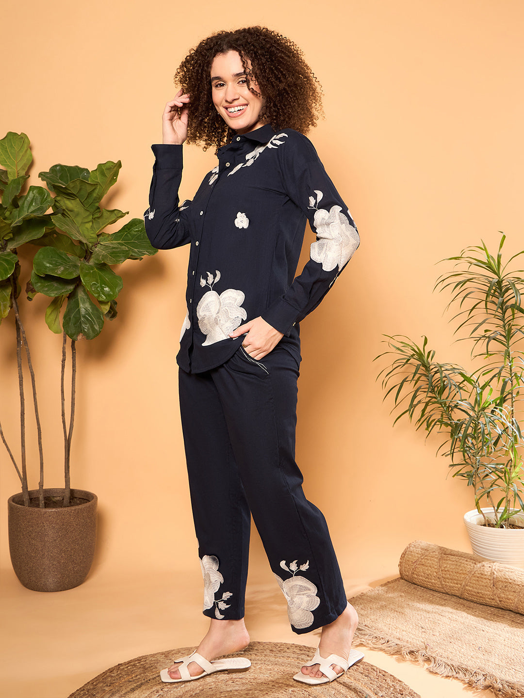 Navy Blue Cotton Embroidered Shirt With Trouser Co-Ords Set