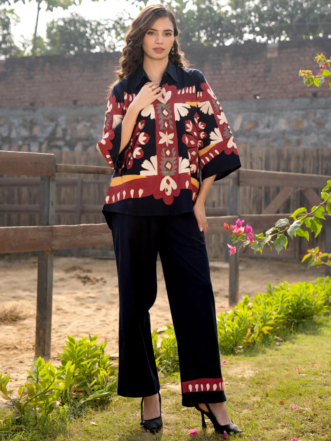 Navy Blue Floral Hand Print Shirt & Trouser Co-Ord Set
