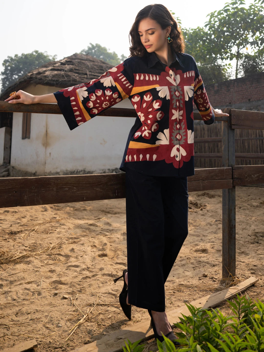 Navy Blue Floral Hand Print Shirt & Trouser Co-Ord Set