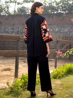 Navy Blue Colourblocked Shirt With Trouser Co-Ords Set