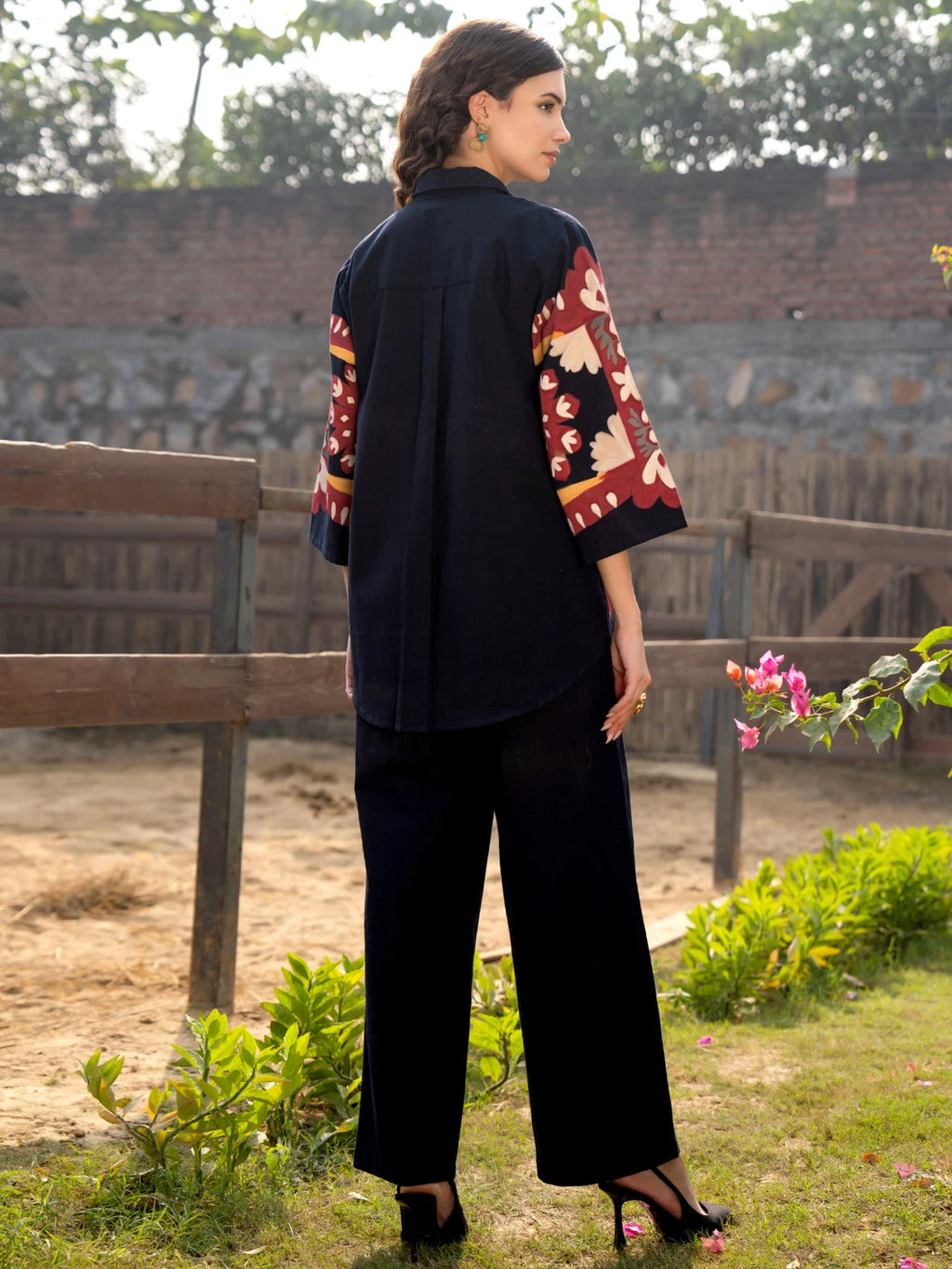 Navy Blue Floral Hand Print Shirt & Trouser Co-Ord Set