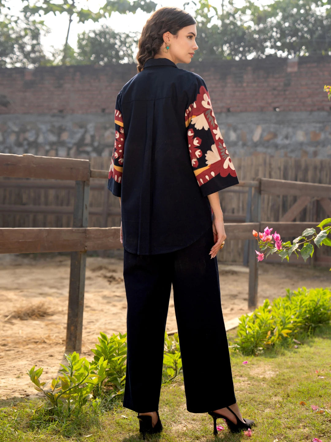 Navy Blue Floral Hand Print Shirt & Trouser Co-Ord Set