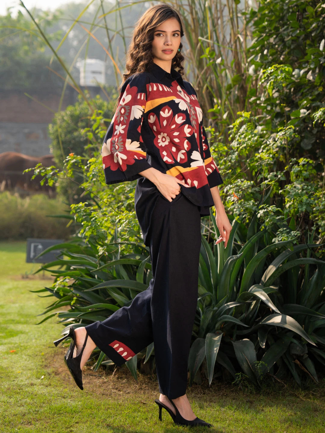 Navy Blue Floral Hand Print Shirt & Trouser Co-Ord Set
