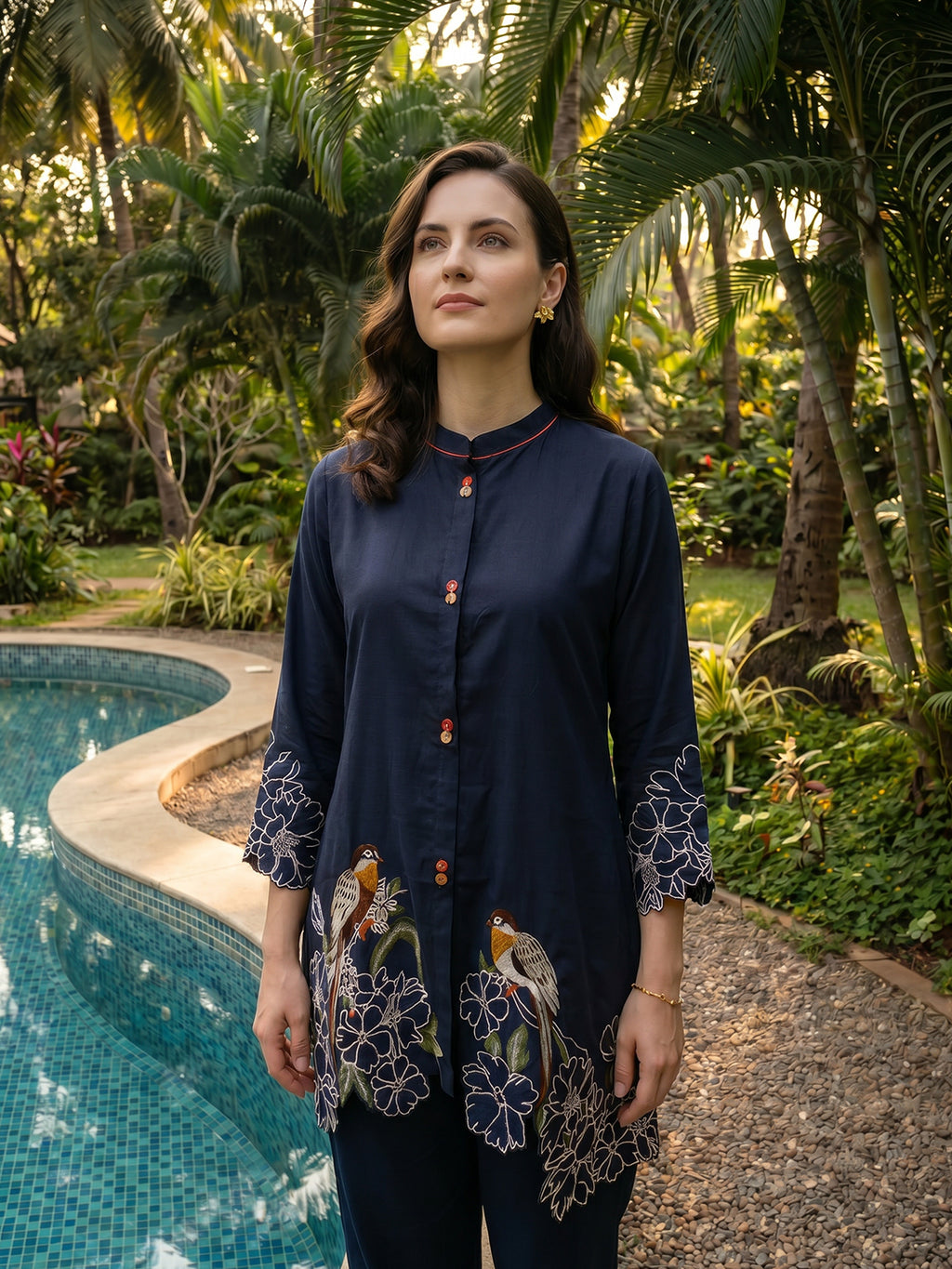 Zummer Women Navy Blue & Off White Embroidered Cotton Co-Ord Set
