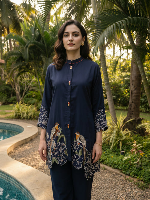 Zummer Women Navy Blue & Off White Embroidered Cotton Co-Ord Set