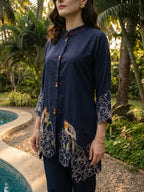 Zummer Women Navy Blue & Off White Embroidered Cotton Co-Ord Set