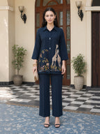 Zummer Navy Blue Embroidered Cotton Co-Ord Set for Women