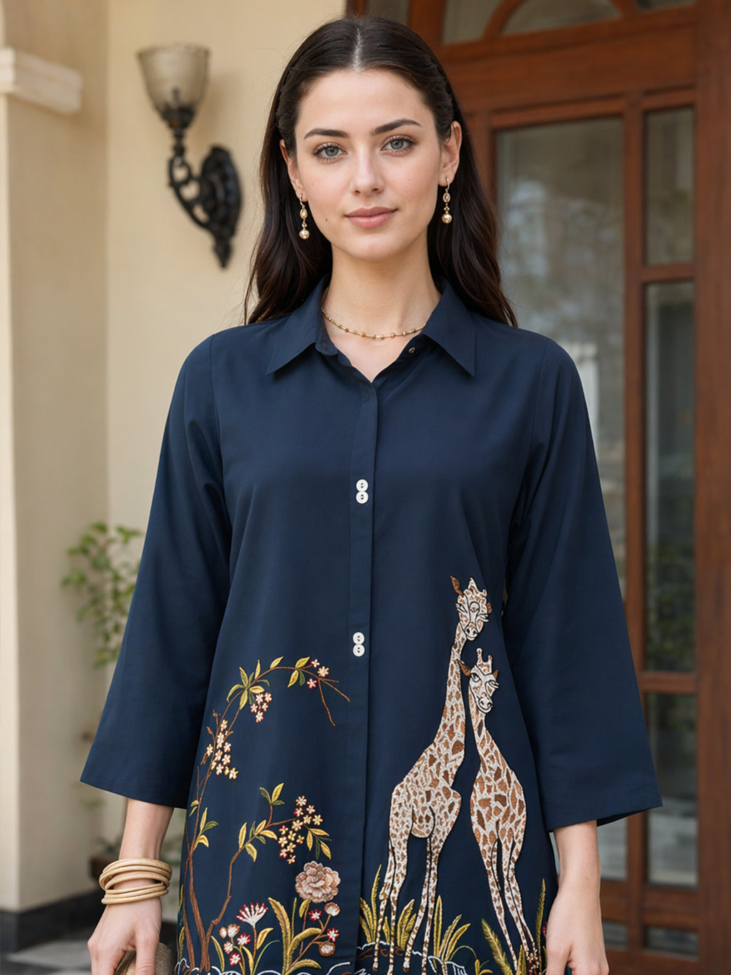 Zummer Navy Blue Embroidered Cotton Co-Ord Set for Women