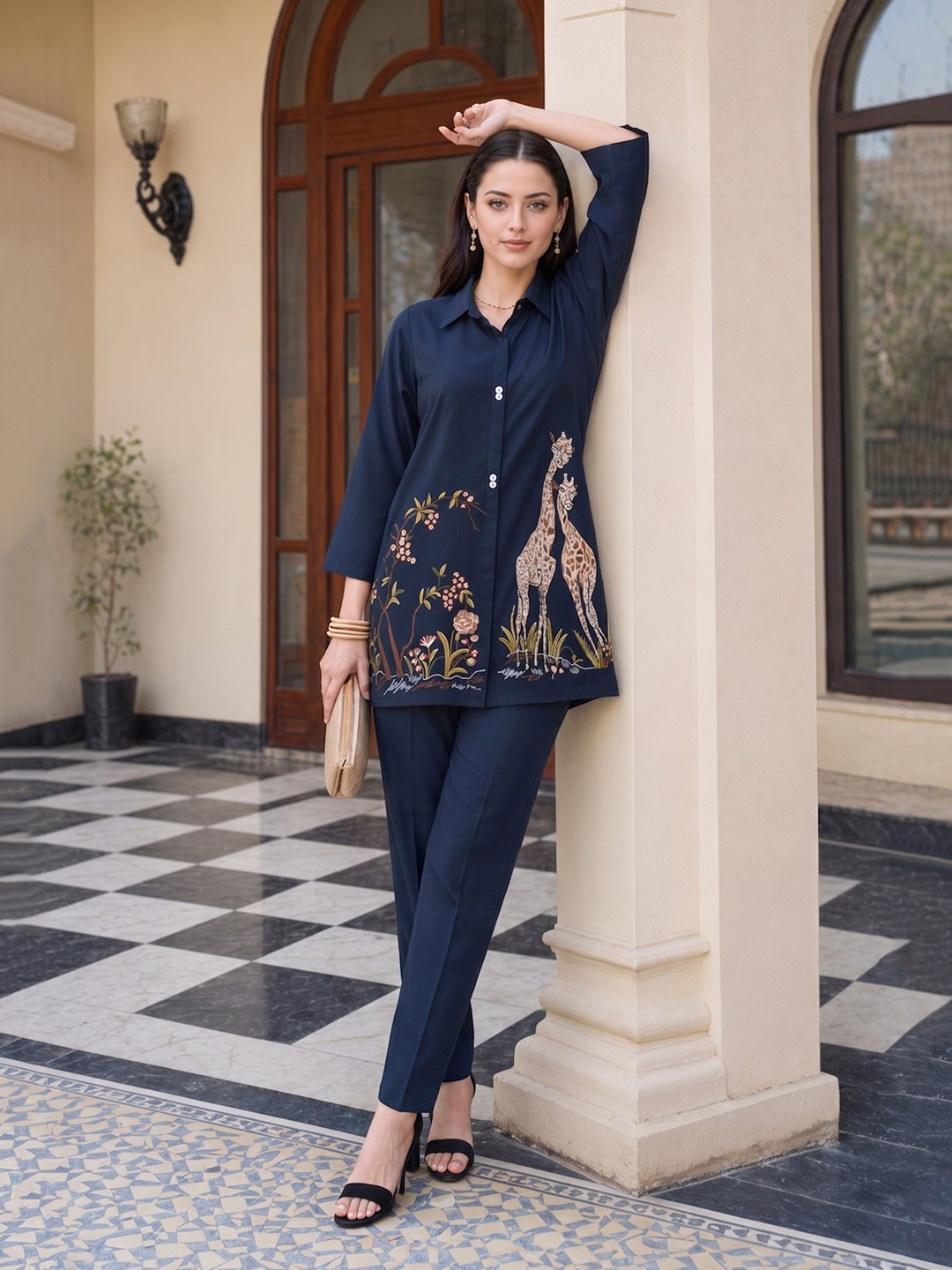 Zummer Navy Blue Embroidered Cotton Co-Ord Set for Women