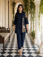Zummer Navy Blue Embroidered Cotton Co-Ord Set for Women