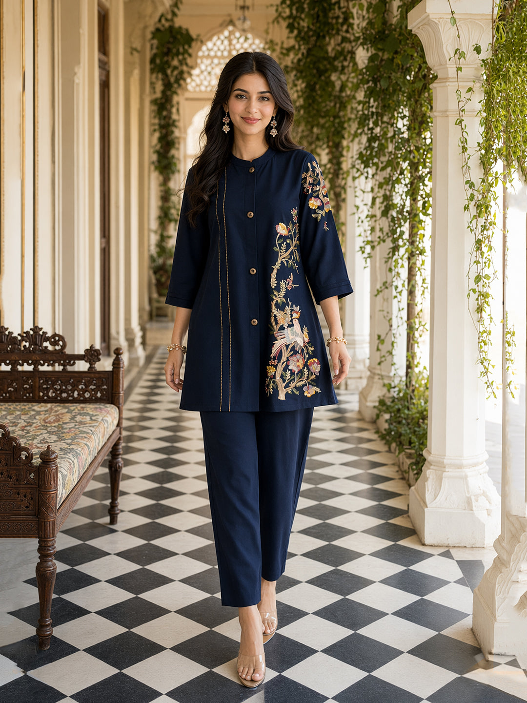 Zummer Navy Blue Embroidered Cotton Co-Ord Set for Women