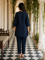 Zummer Navy Blue Embroidered Cotton Co-Ord Set for Women