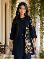 Zummer Navy Blue Embroidered Cotton Co-Ord Set for Women