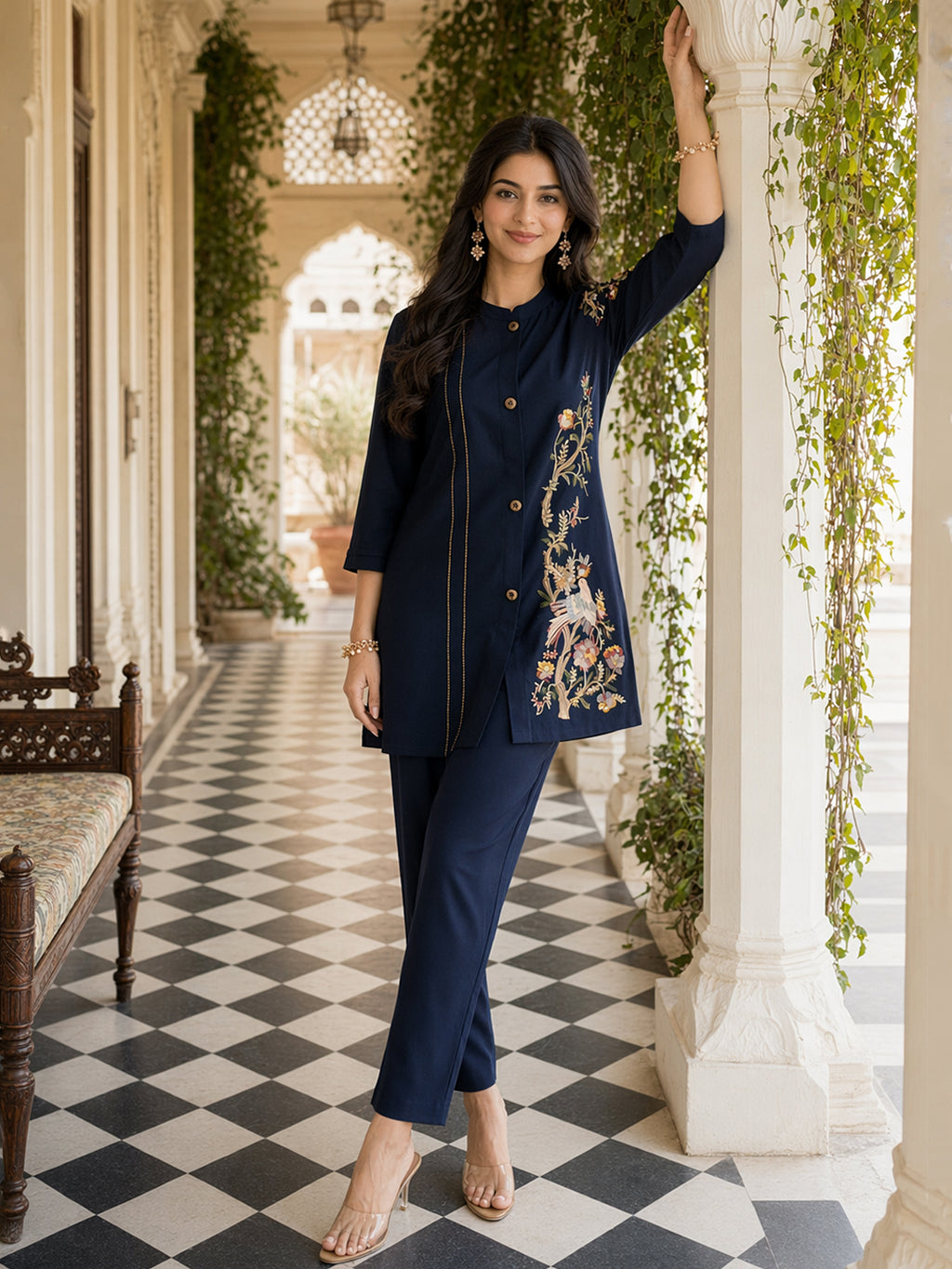 Zummer Navy Blue Embroidered Cotton Co-Ord Set for Women