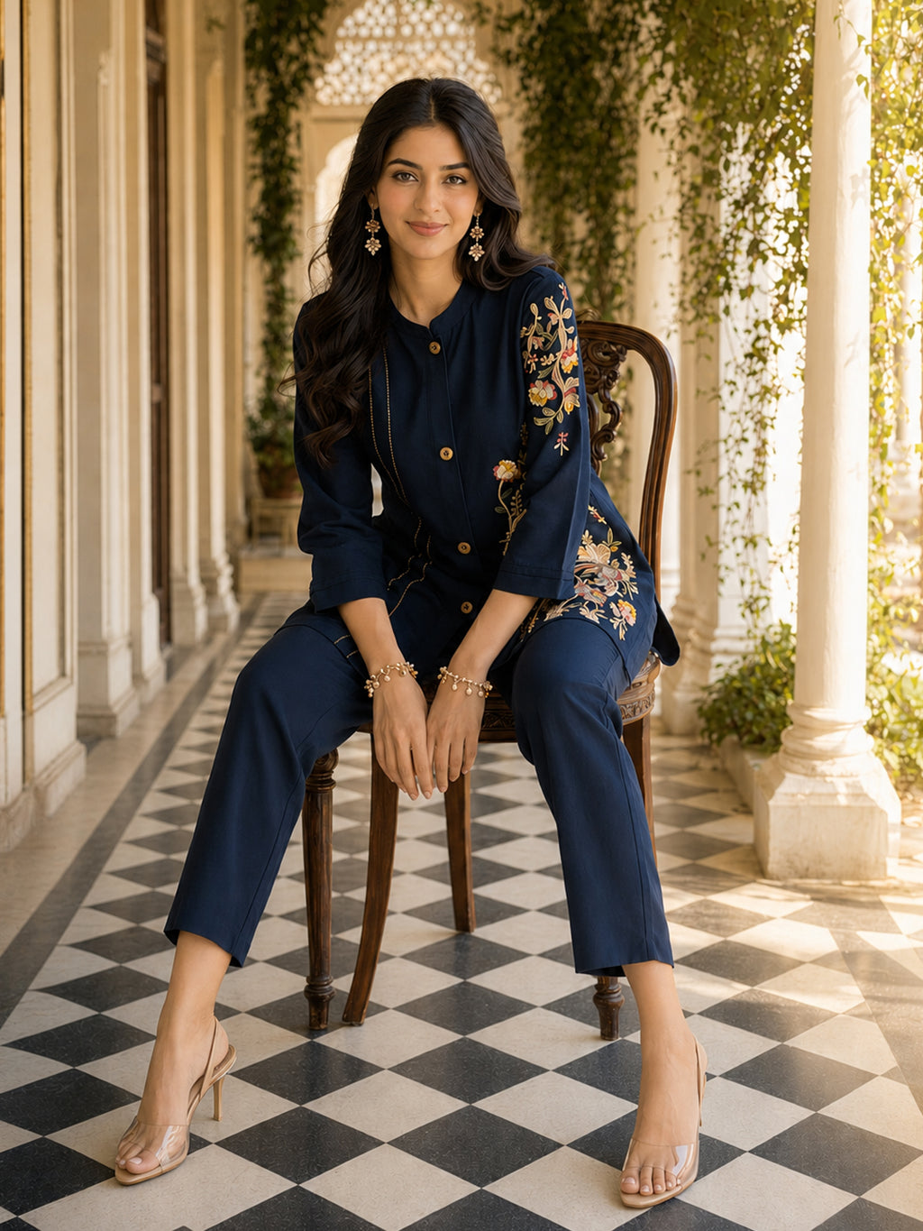 Zummer Navy Blue Embroidered Cotton Co-Ord Set for Women