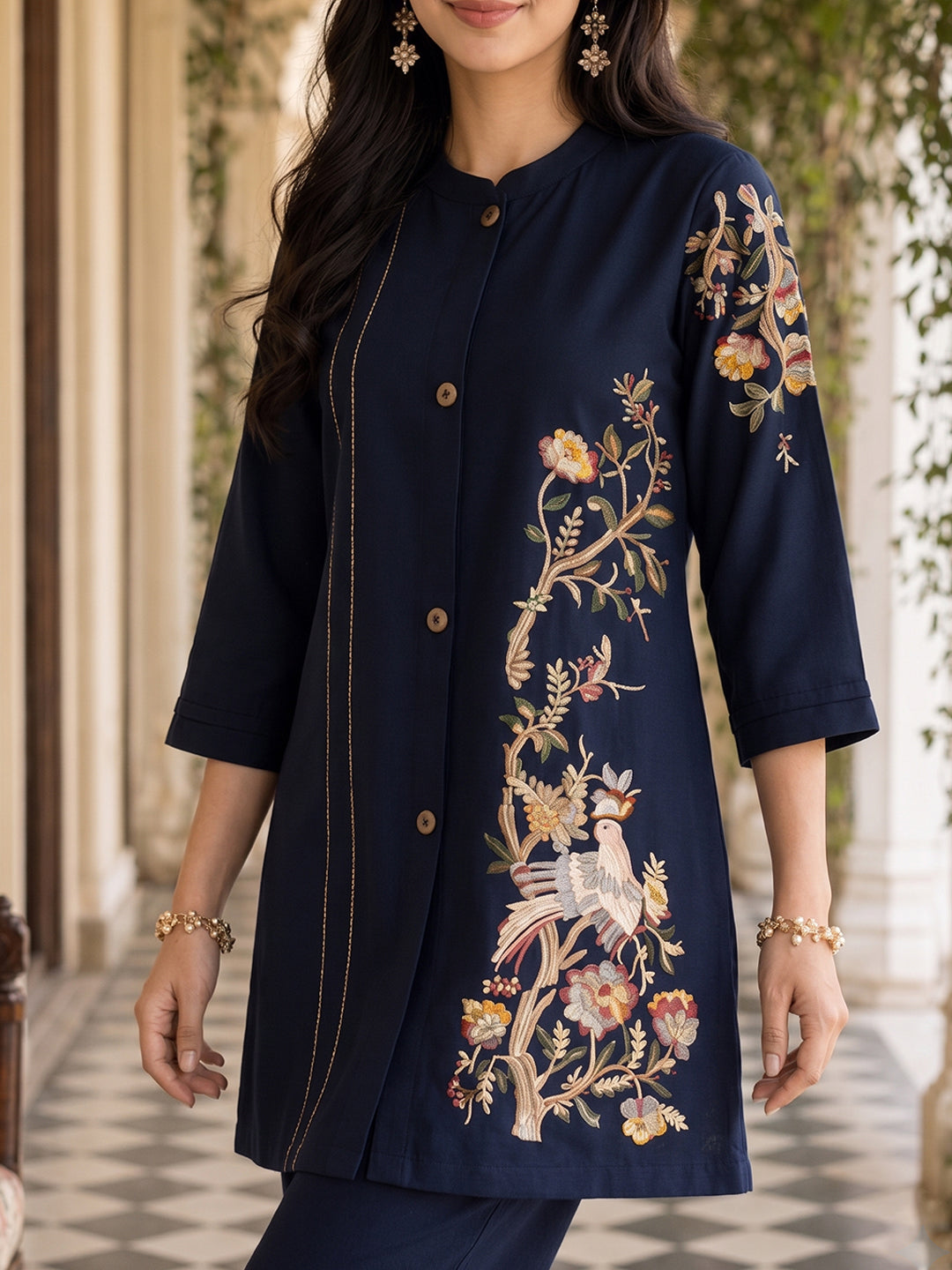 Zummer Navy Blue Embroidered Cotton Co-Ord Set for Women