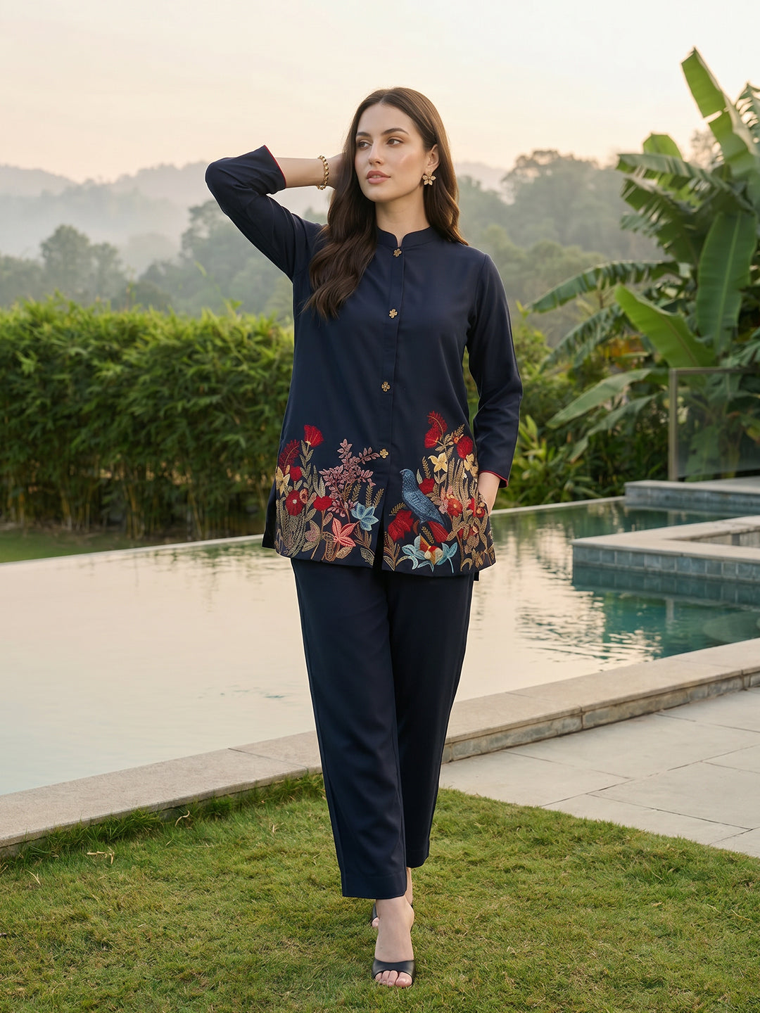 Zummer Women Navy Blue Embroidered Cotton Co-Ord Set