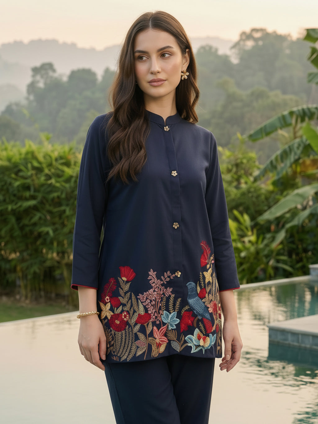 Zummer Women Navy Blue Embroidered Cotton Co-Ord Set