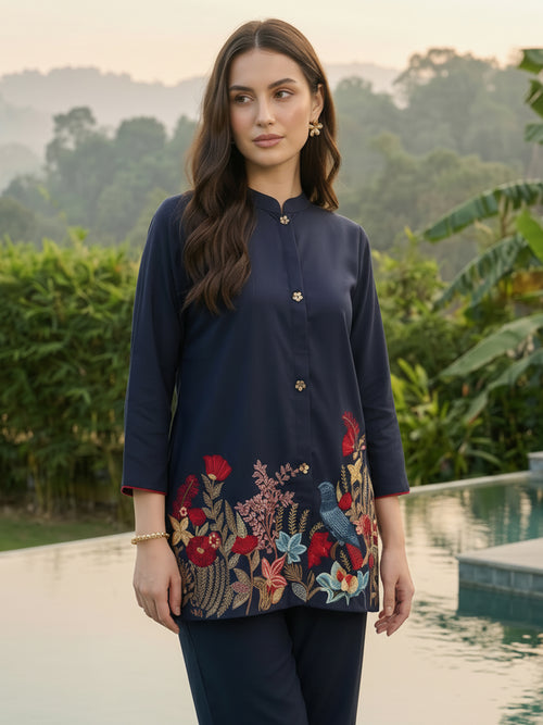 Zummer Women Navy Blue Embroidered Cotton Co-Ord Set