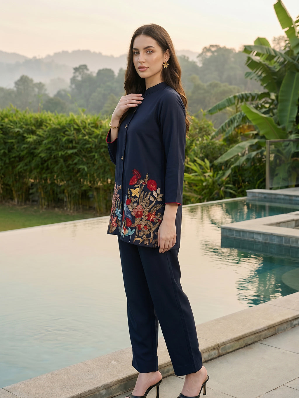 Zummer Women Navy Blue Embroidered Cotton Co-Ord Set