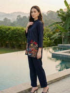 Zummer Women Navy Blue Embroidered Cotton Co-Ord Set