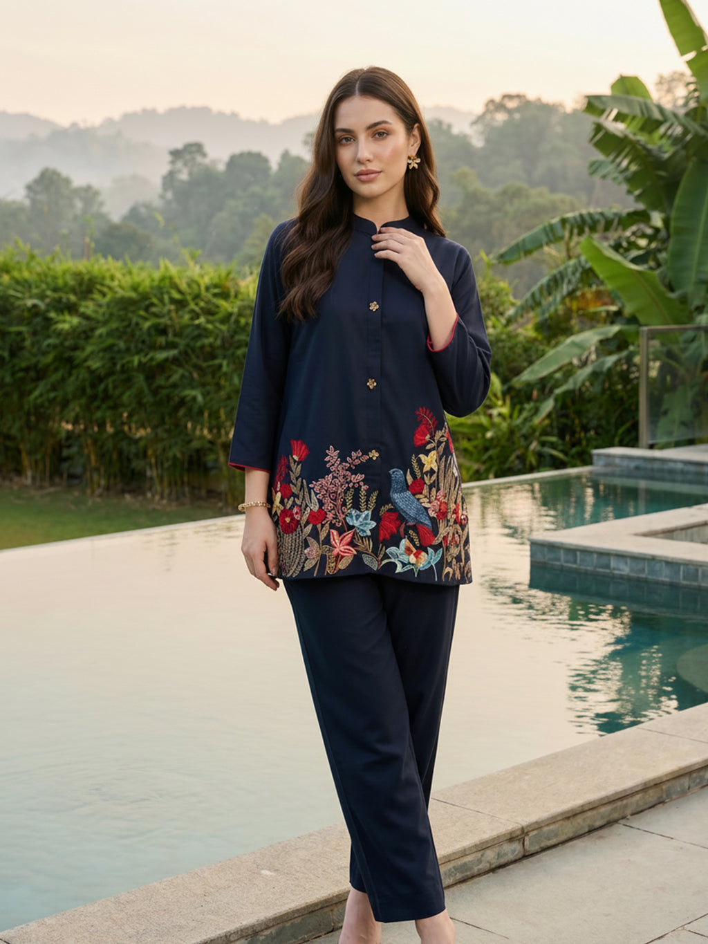 Zummer Women Navy Blue Embroidered Cotton Co-Ord Set