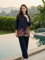 Zummer Women Navy Blue Embroidered Cotton Co-Ord Set