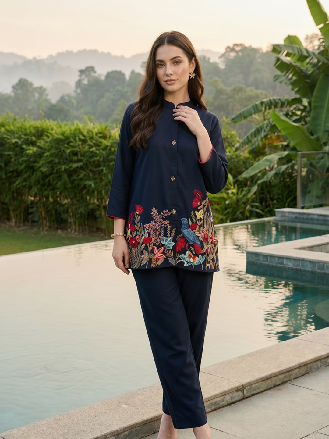 Zummer Women Navy Blue Embroidered Cotton Co-Ord Set