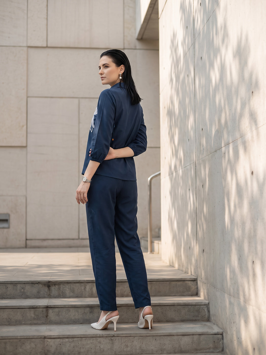 Zummer Women Navy Blue Appliqué Cotton Shirt & Trouser Co-Ord Set