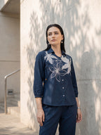 Zummer Women Navy Blue Appliqué Cotton Shirt & Trouser Co-Ord Set