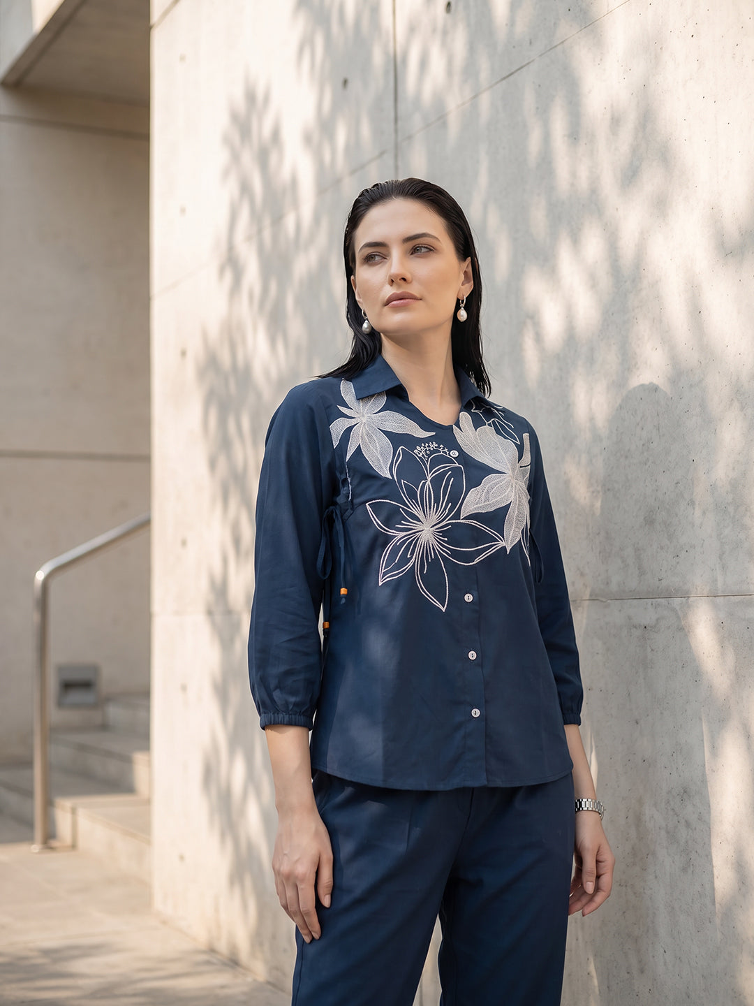 Zummer Women Navy Blue Appliqué Cotton Shirt & Trouser Co-Ord Set