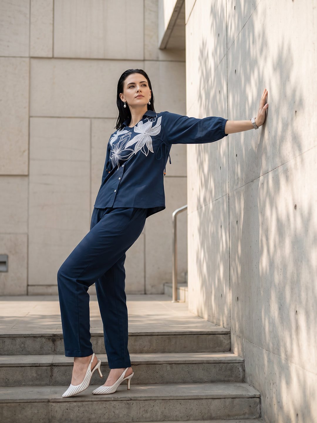 Zummer Women Navy Blue Appliqué Cotton Shirt & Trouser Co-Ord Set