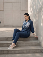 Zummer Women Navy Blue Appliqué Cotton Shirt & Trouser Co-Ord Set