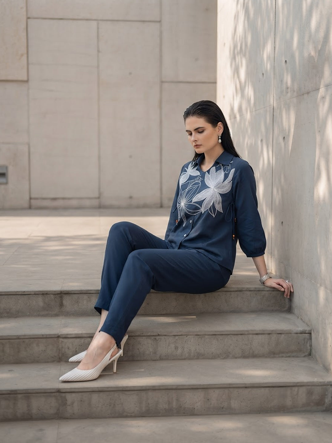 Zummer Women Navy Blue Appliqué Cotton Shirt & Trouser Co-Ord Set